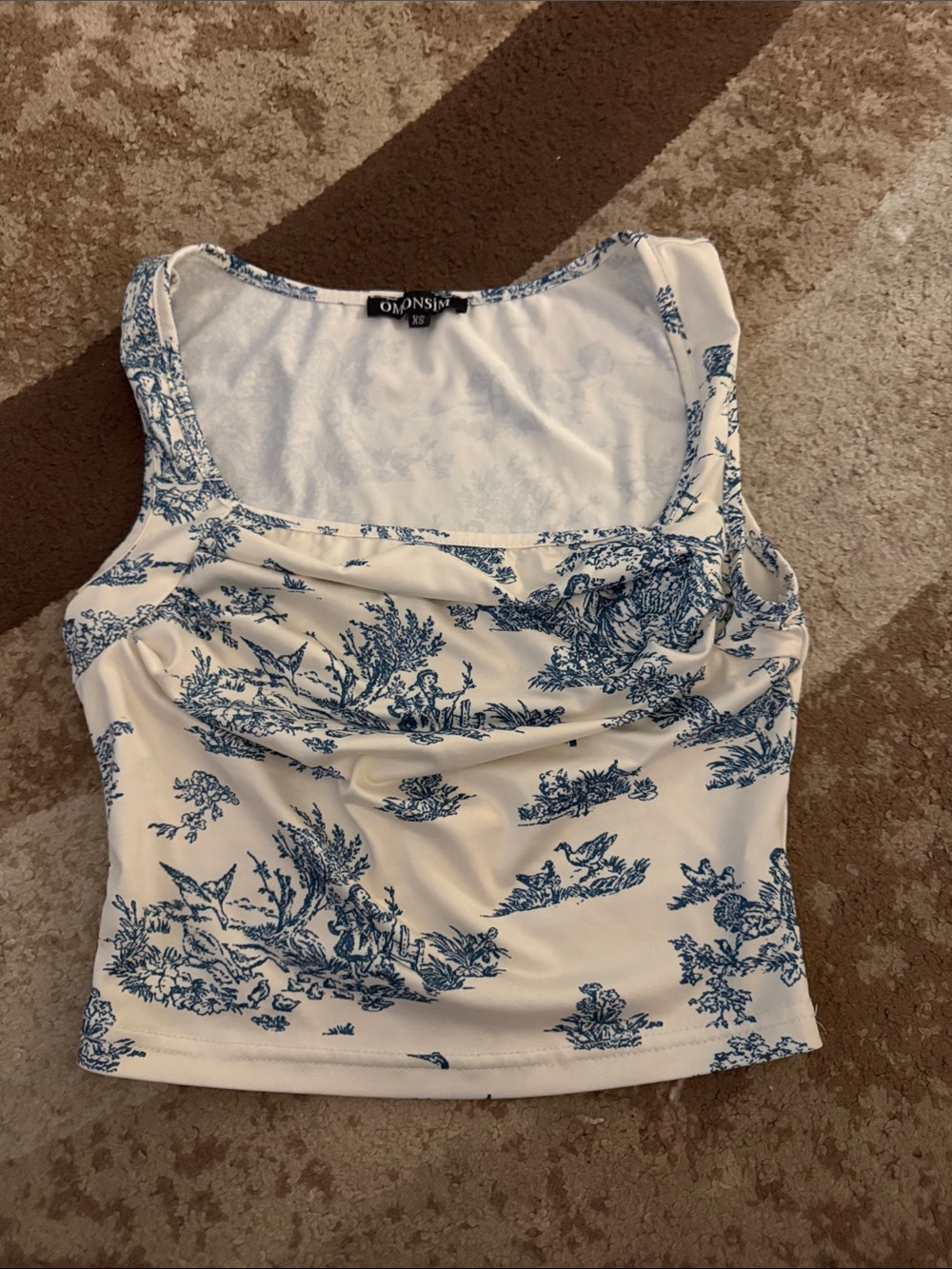 White and Blue Toile Square-Neck Crop Tank